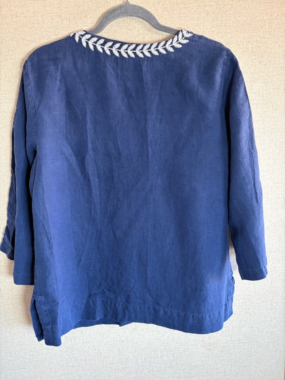 JM Collection Linen Tunic Sz 12 Navy Blue Embroidered Bohemian Peasant Coastal - Picture 2 of 15